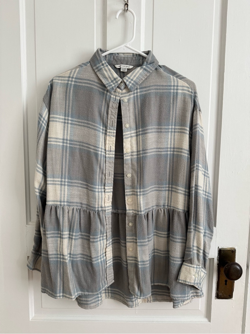 American Eagle Outfitters Gray Plaid Button-Down Peplum Shirt